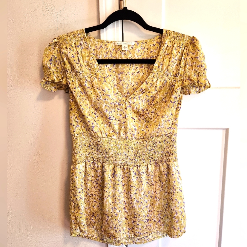 Banana Republic Yellow Floral Satin Shirt Size Medium